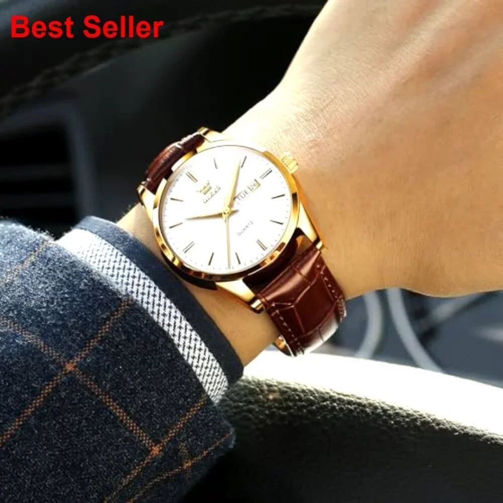 Men's Leather Watch Stainless Steel Analog Day Date Waterproof Luminous